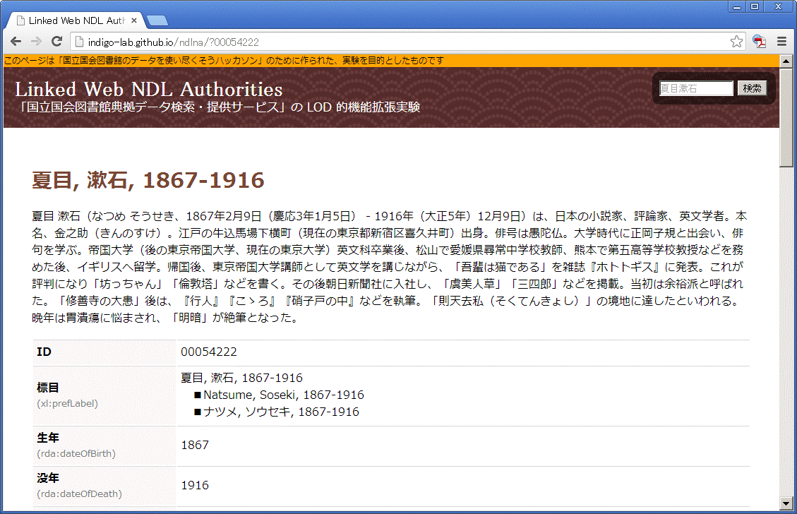 「Linked Web NDL Authorities」の画面